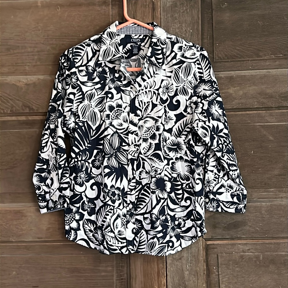 Chaps Womens No Iron Blue White Print Long Sleeve Cotton Blouse Large Floral - Picture 1 of 7